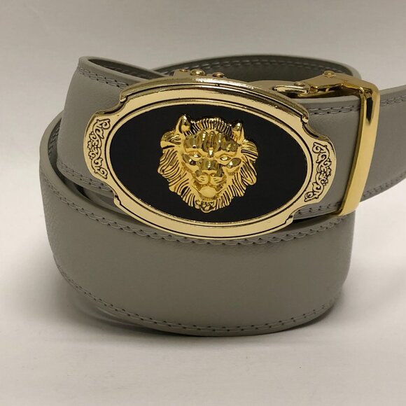 Gray Leather Belt Automatic Buckle Slide Belts No Hole Strep Ratchet Buck Unisex - Picture 2 of 3